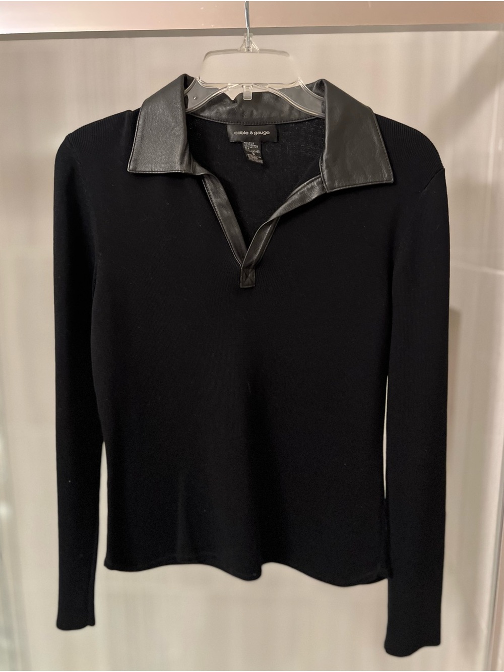 Cable & Gauge Black Silk Cotton Knit Long Sleeve Top Genuine Leather Collar
